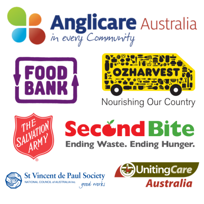 Anglicare Austrlia, FoodBank, OzHarvest, Salvation Army, SecondBite, St Vincent De Paul, Uniting Care Australia