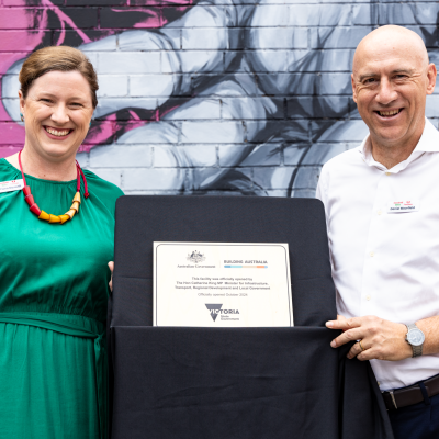 Fiona Maxwell and Daniel Moorfield open the FareShare Charity Kitchen in Melbourne