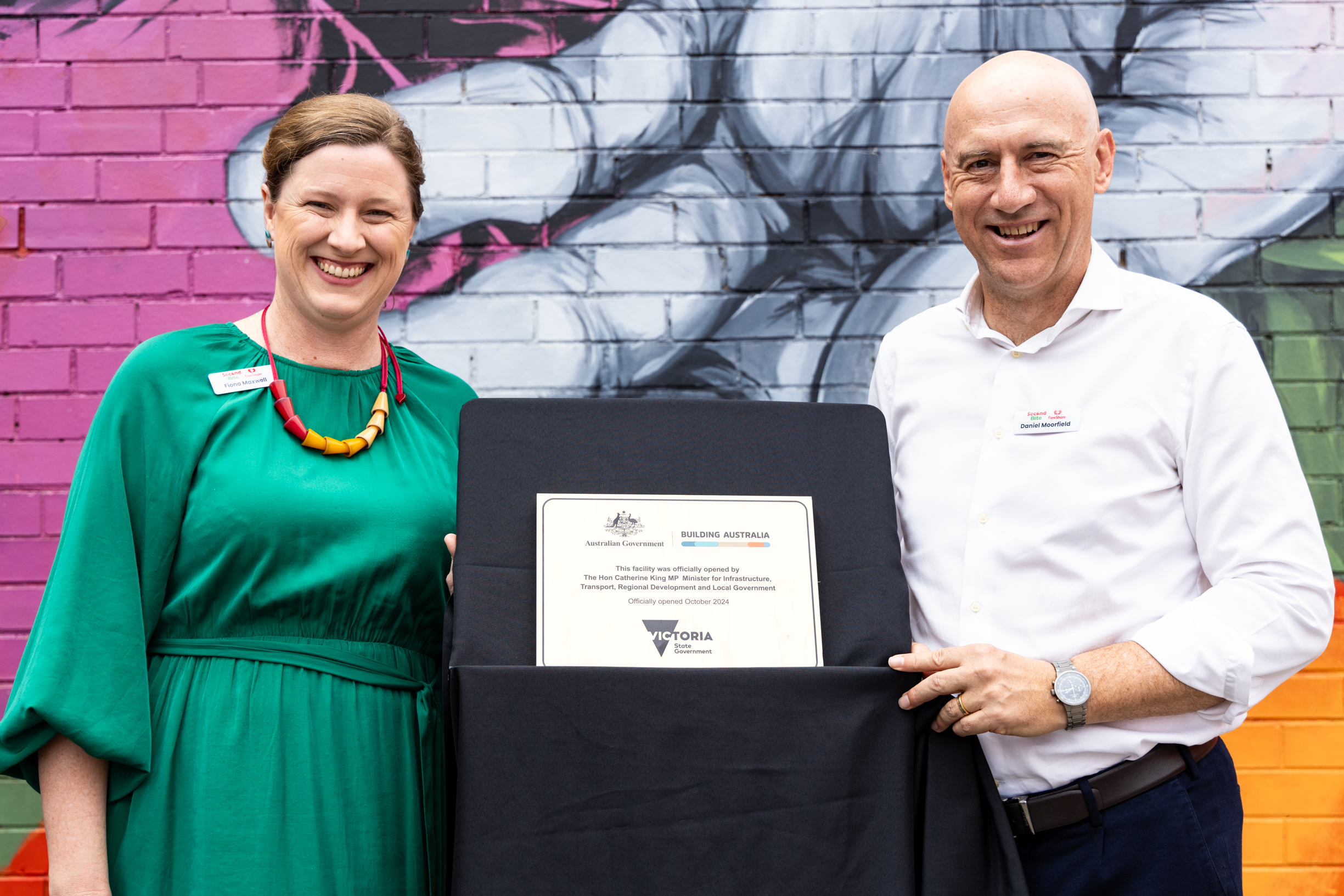 Fiona Maxwell and Daniel Moorfield open the FareShare Charity Kitchen in Melbourne